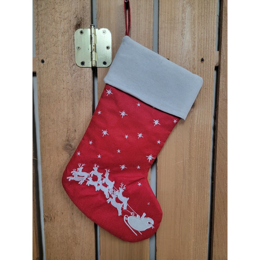 Red Canvas Traditional Stocking Sleigh Reindeer Santa Snow